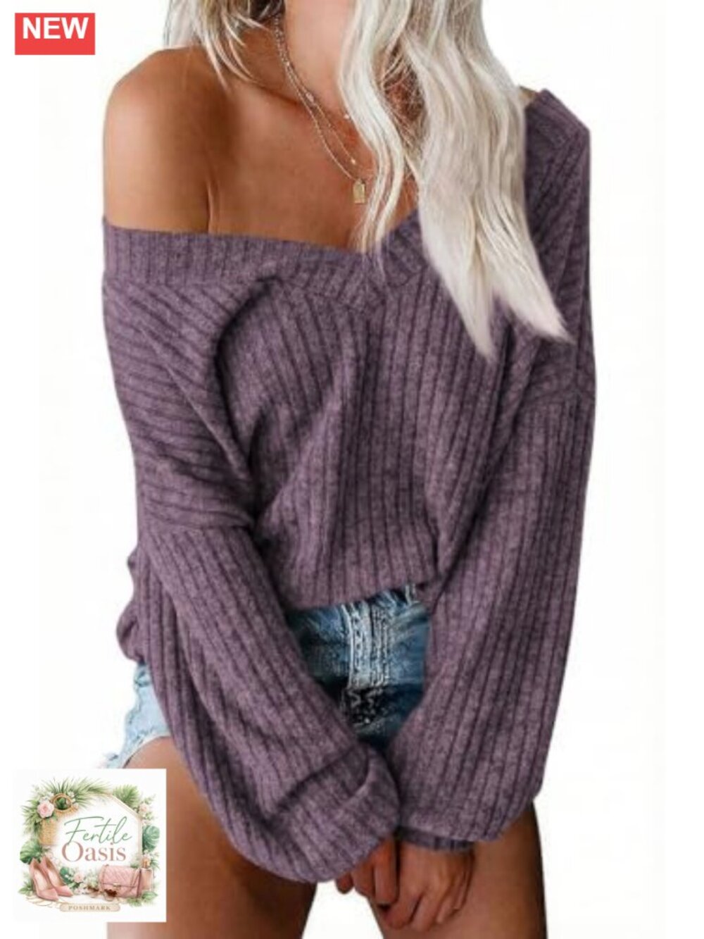 Oversized Off Shoulder Sweater V Neck Long Sleeve Knit Pullover